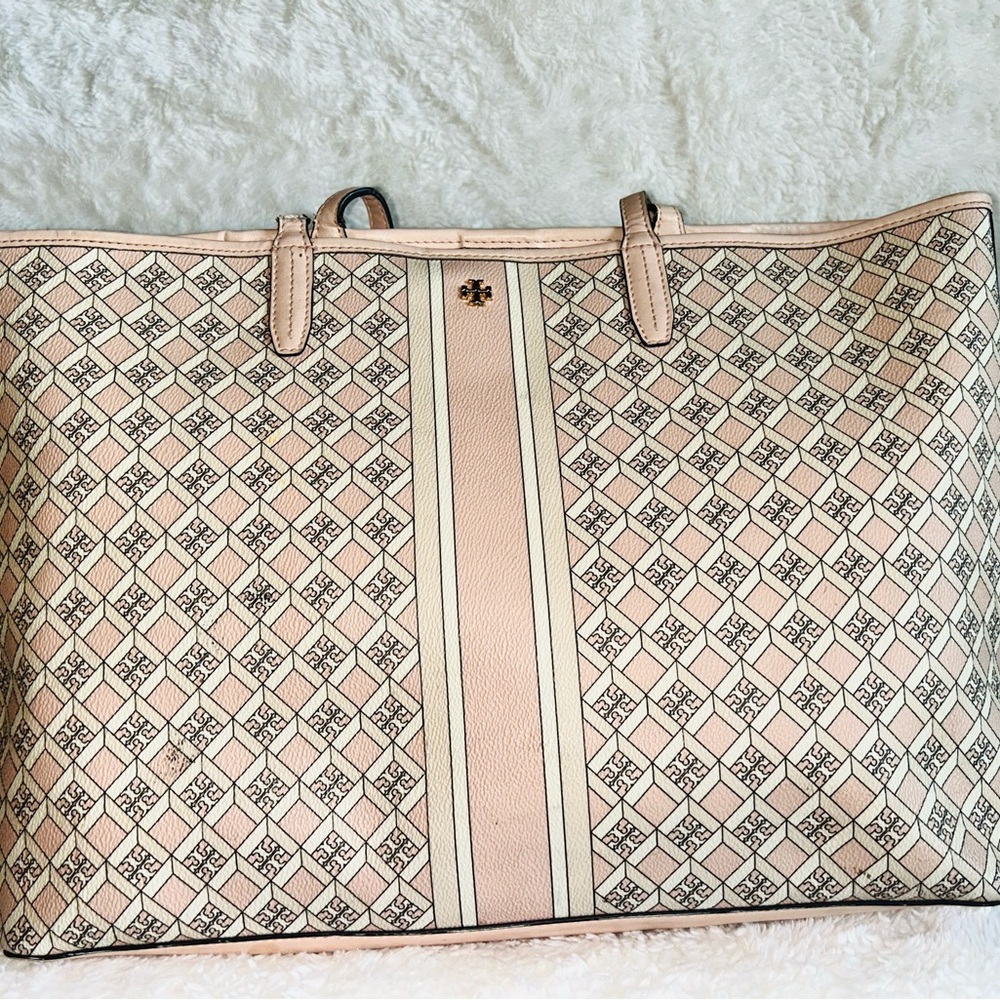 Tory Burch Beige and Pink Geometric Tote